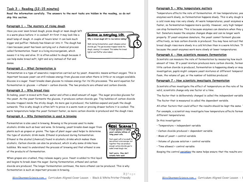 KS3 Fermentation Cover Lesson - Self-Teaching Science Booklet - Teacher Answers Included