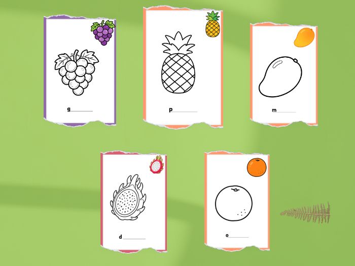 8 Fruit Initial Letter Fill in Colouring Pre K Phonics Worksheets