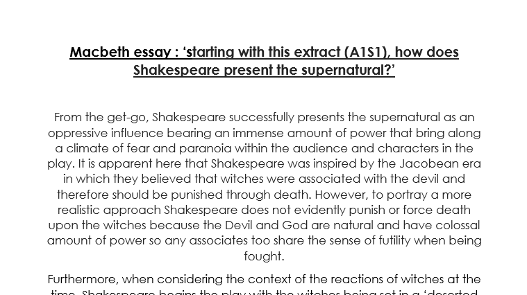Grade 9 Macbeth Supernatural in Act 1 Scene 1 Essay | Teaching Resources