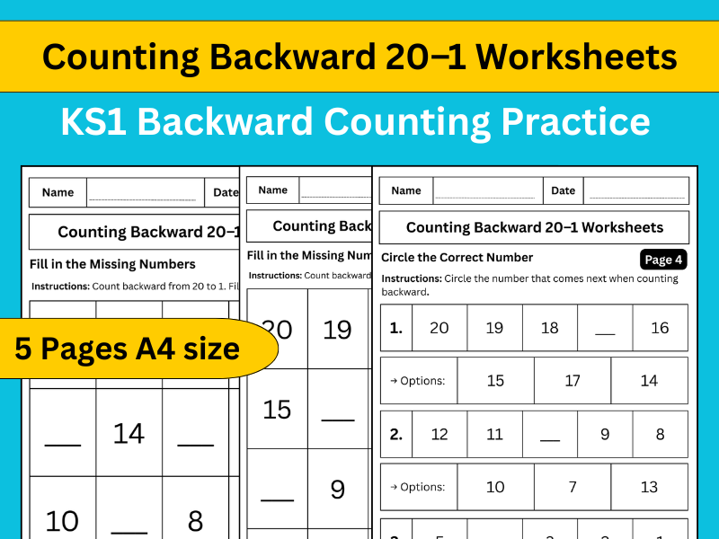 Counting Backward 20–1 Worksheets | KS1 Backward Counting Practice