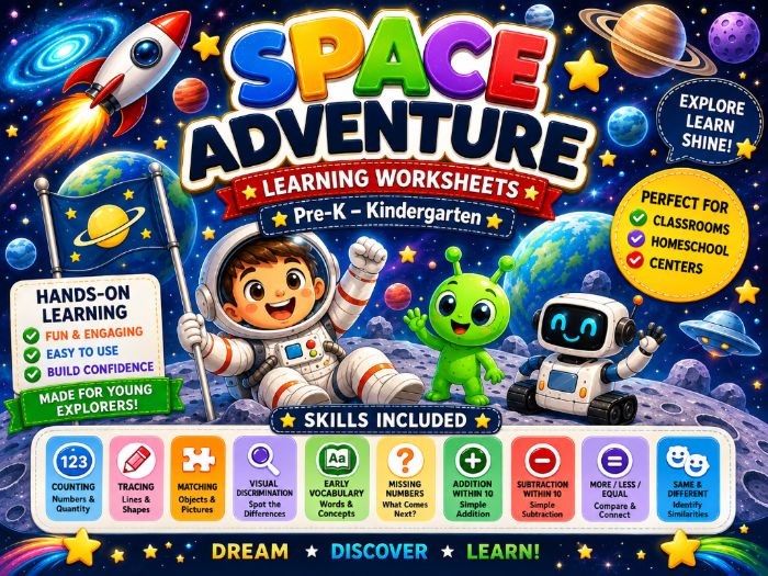Space Adventure Worksheets | Preschool Math & Early Learning Activities | Pre-K Kindergarten