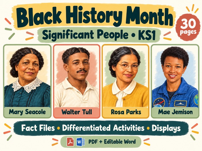 Black History Month KS1 | Significant People Fact Files, Differentiated Worksheets & Displays