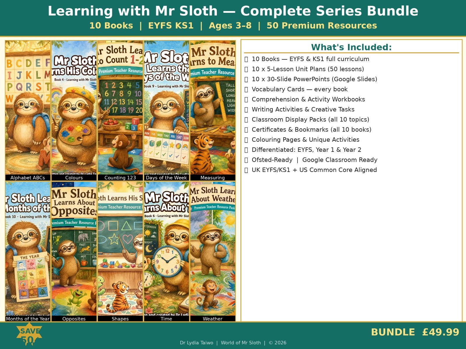 Learning with Mr Sloth — Complete Series Bundle | EYFS KS1 | Ages 3–8 | 50 Premium Resources