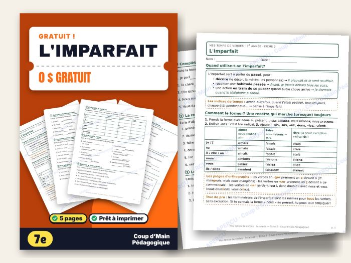 French Imparfait Worksheet Grade 7 Past Tense Verb Conjugation | L ...