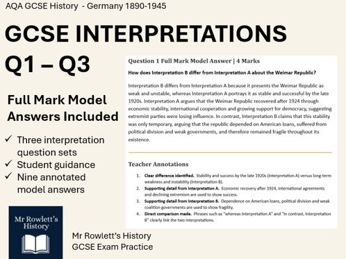 AQA GCSE History: Germany 1890–1945 – Interpretation Questions Q1–Q3 with Full‑Mark Model Answers