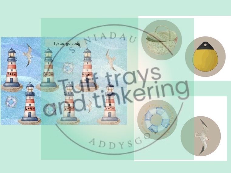 goleudy lighthouse maths radio addition Curriculum for Wales Early Years PS1 addysg Cymraeg