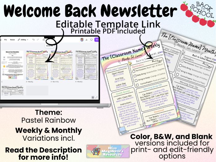 Editable Back to School / Welcome Back Newsletter Template | Pastel Rainbow Theme | Weekly / Monthly