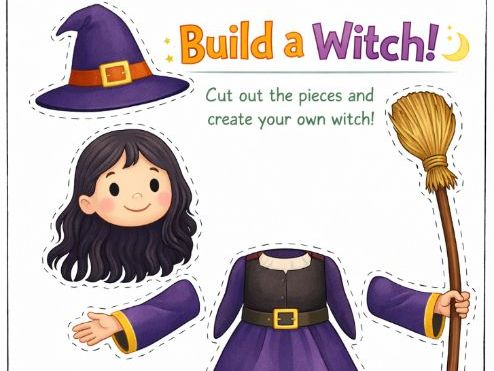 Build a Witch Fine Motor Cut and Paste Worksheet- Halloween