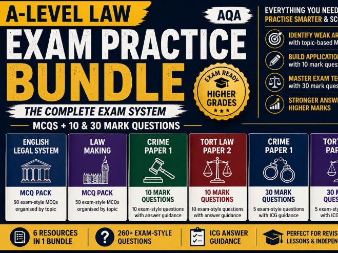 A-Level Law Exam Practice Bundle | MCQs + 10 & 30 Mark Questions (AQA) | Full Exam System