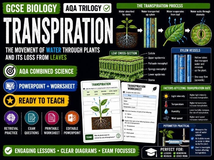 Transpiration Lesson | GCSE Biology | AQA Combined Science Trilogy | PowerPoint + Worksheet