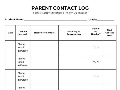 Parent Contact Log Template | Family Communication Tracker
