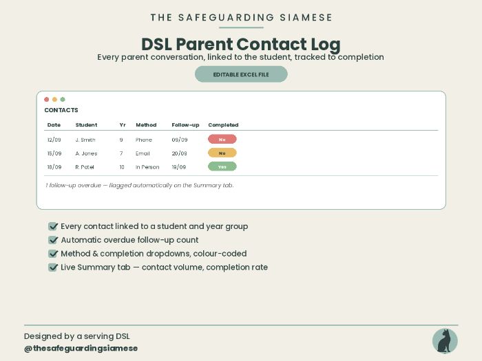 DSL Parent Contact Log Whole-School Contact Tracking with Overdue Follow-up Alerts (Editable Excel