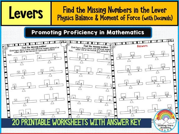 Find the Missing Numbers in Lever  (with Decimals) Worksheets Physics Balance & Moment of Force Prac