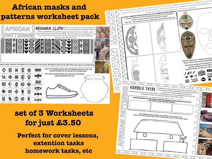 African Masks and Patterns Worksheets - set of 3