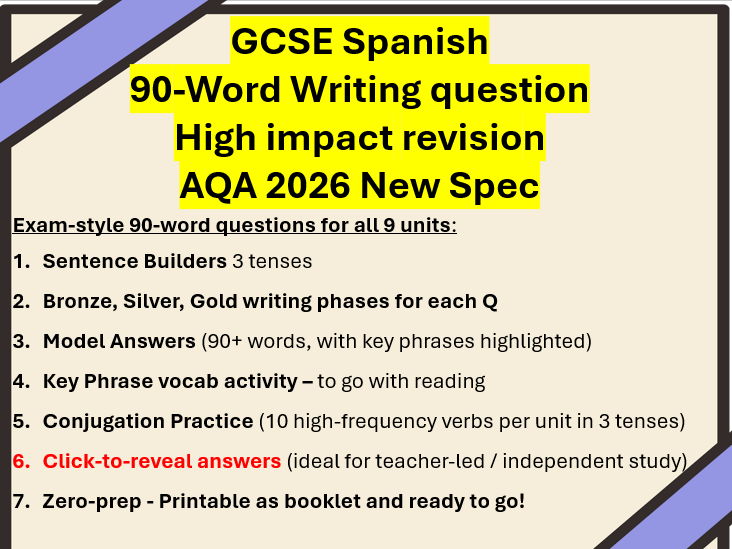 GCSE Spanish 90 Word Writing Revision: 9 worksheets (all topics)