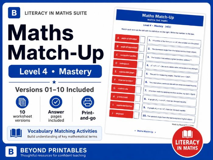 Maths Literacy Match-Up – Level 4 Mastery | 10 Worksheets, Answers & PowerPoint