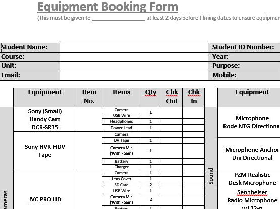 Equipment Booking Form (Film & TV/Media Students)