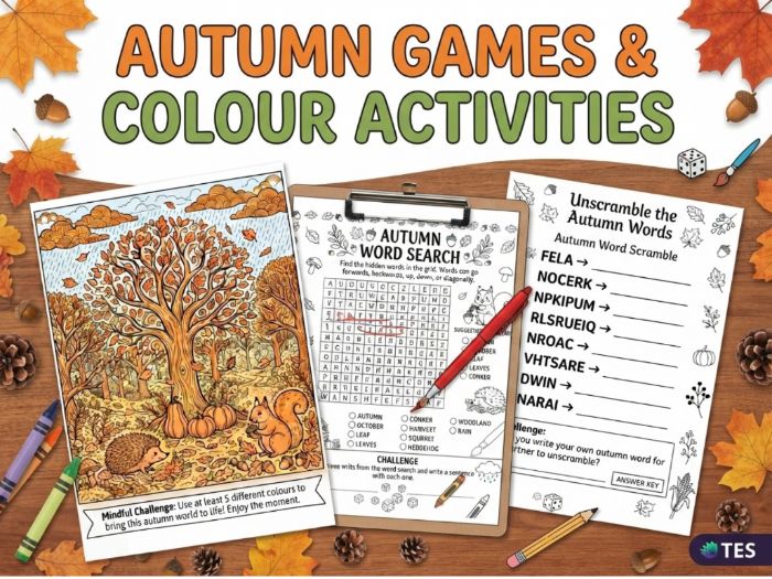 Autumn Games & Colour Activities | Fall Scavenger Hunt & Word Search Worksheets