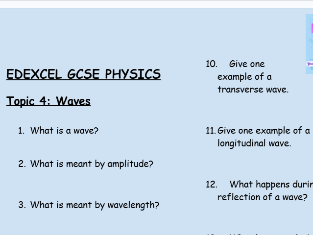 GCSE Edexcel Physics Topic 4: Waves Revision Worksheet