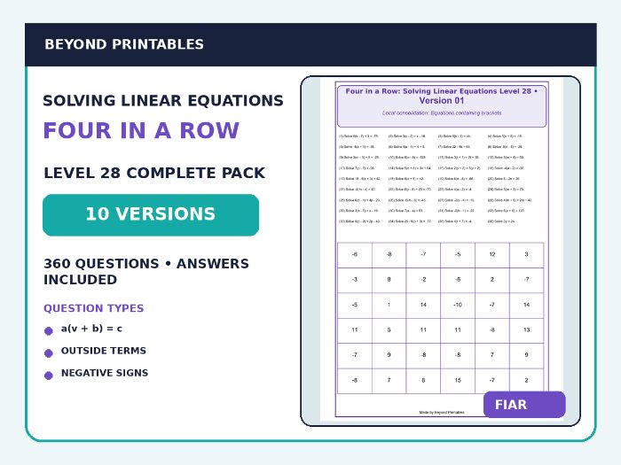 Solving Linear Equations Four in a Row | Mixed Bracket Equations : Level 28 | 10-Version Maths Pack