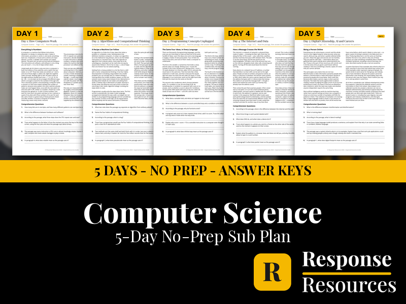 Computer Science Emergency Sub Plans - 5 Days No Prep Print and Go Worksheets