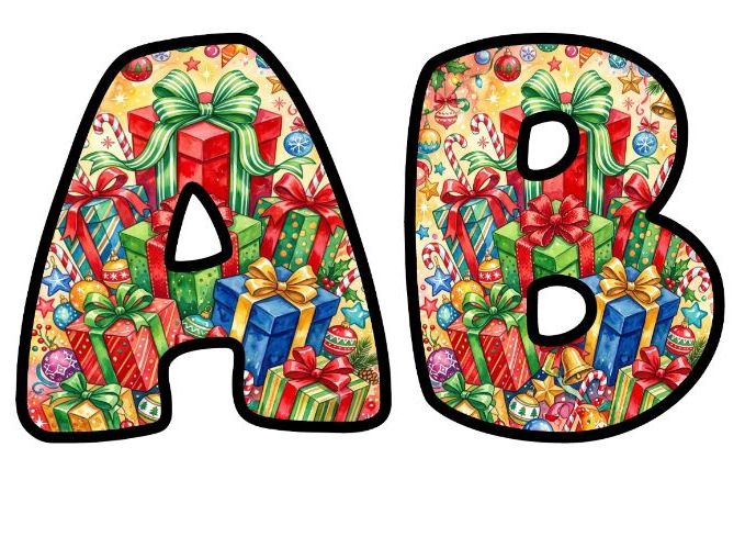 Christmas Presents Bubble Letters | Seasonal Bulletin Board Letters | Printable Alphabet A-Z and 0-9