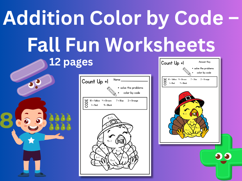 Addition Color by Code – Fall Fun Worksheets