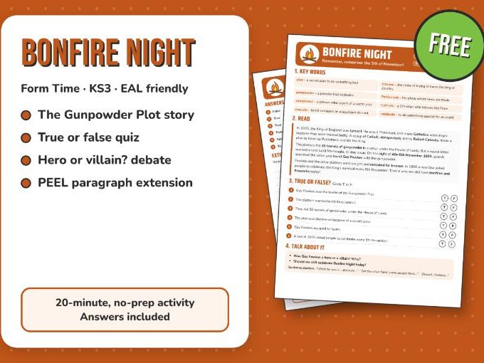 FREE KS3 Form Time: Bonfire Night & the Gunpowder Plot (Guy Fawkes) | EAL Friendly