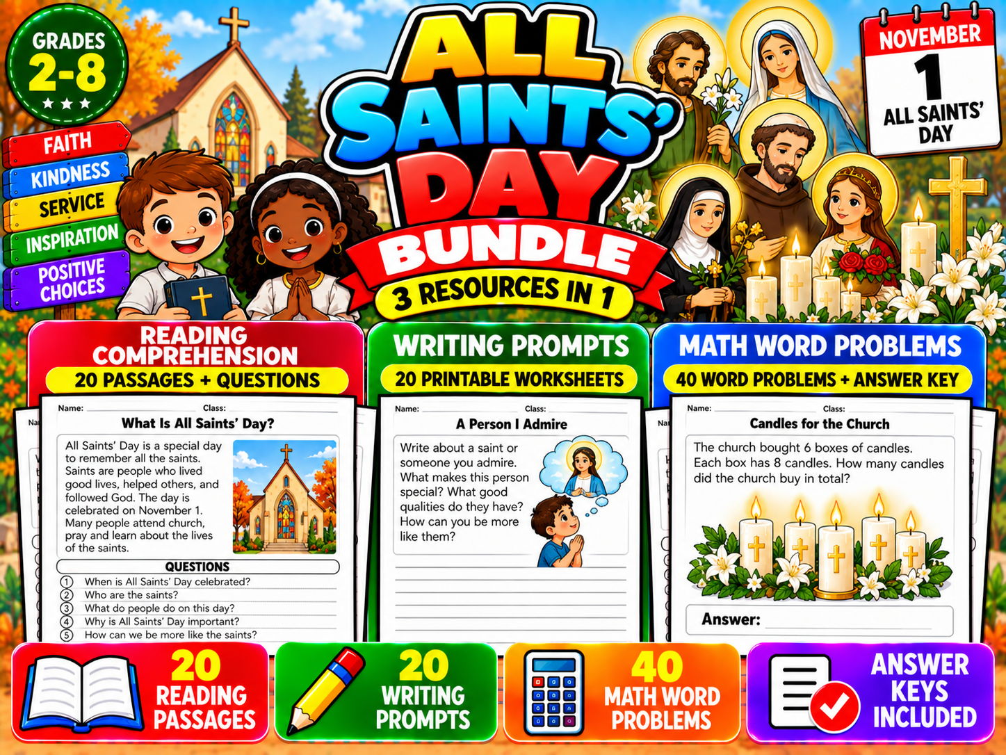 All Saints' Day Activities Bundle | Reading, Writing & Math | Grades 2–8