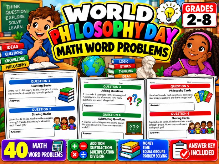 World Philosophy Day Math Word Problems | 40 Problems & Answer Key | Grades 2–8