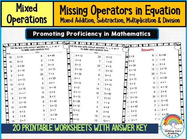 Missing Operators in Equations – Mixed Addition, Subtraction, Multiplication & Division Worksheets