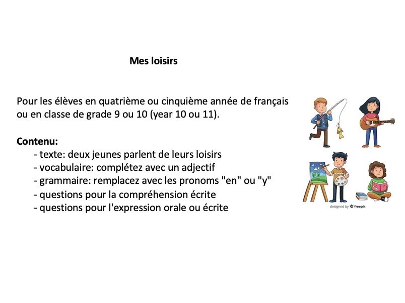 French reading (year 10 or 11 - grade 9 or 10): mes loisirs