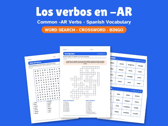Common -AR Verbs in Spanish: Word Search, Crossword & Bingo