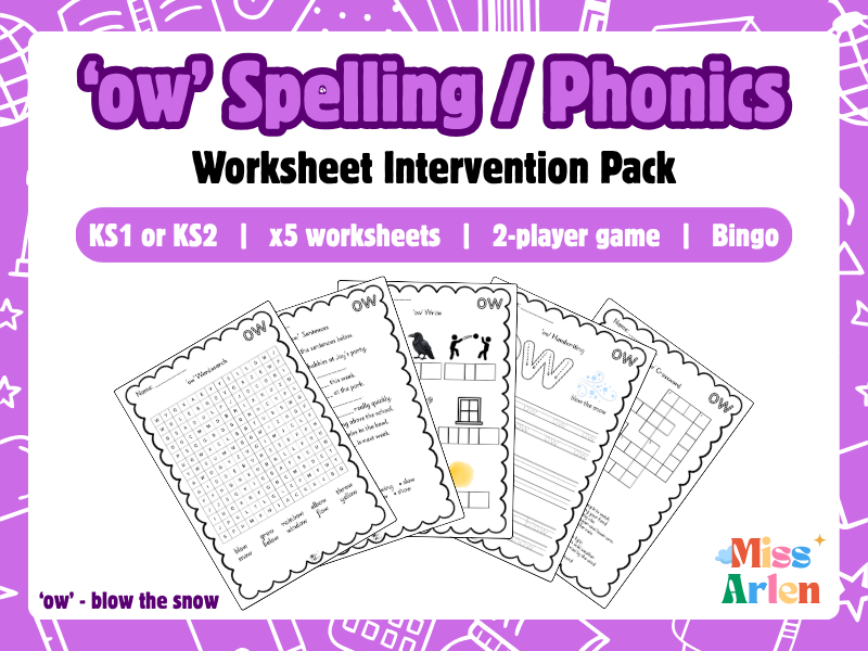 'ow' Spelling Activities, Worksheets & Games, KS1 Phonics or KS2 Intervention, RWI Set 2/L&S Phase 5