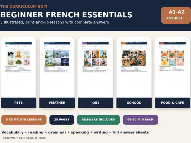 Beginner French Essentials Bundle | 5 Illustrated Lessons + Answers