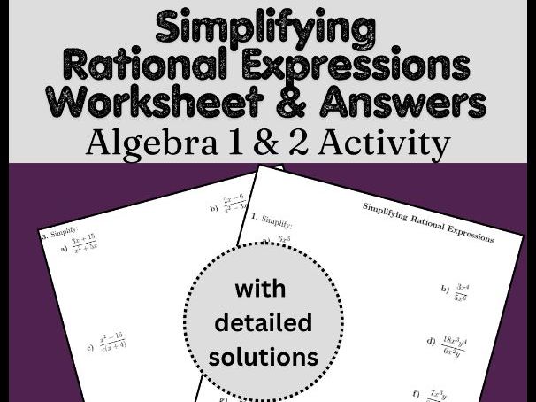 Simplifying Rational Expressions Worksheet & Answers | Algebra 1 & 2 Activity
