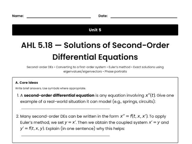 IB Math AI Worksheet AHL 5.18 - Solutions of Second-Order Differential Equations