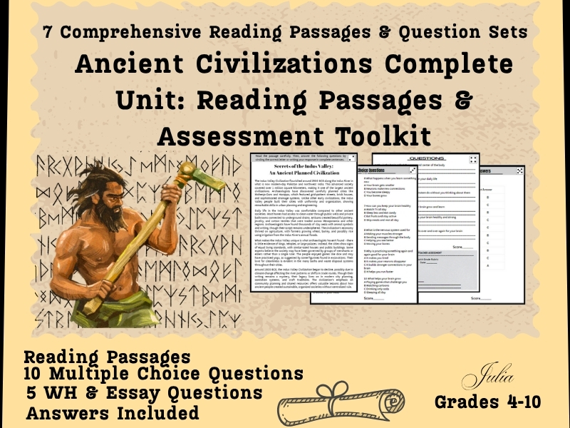 7 Ancient Civilizations Complete Unit: Reading Passages & Assessment Toolkit| Questions Worksheet