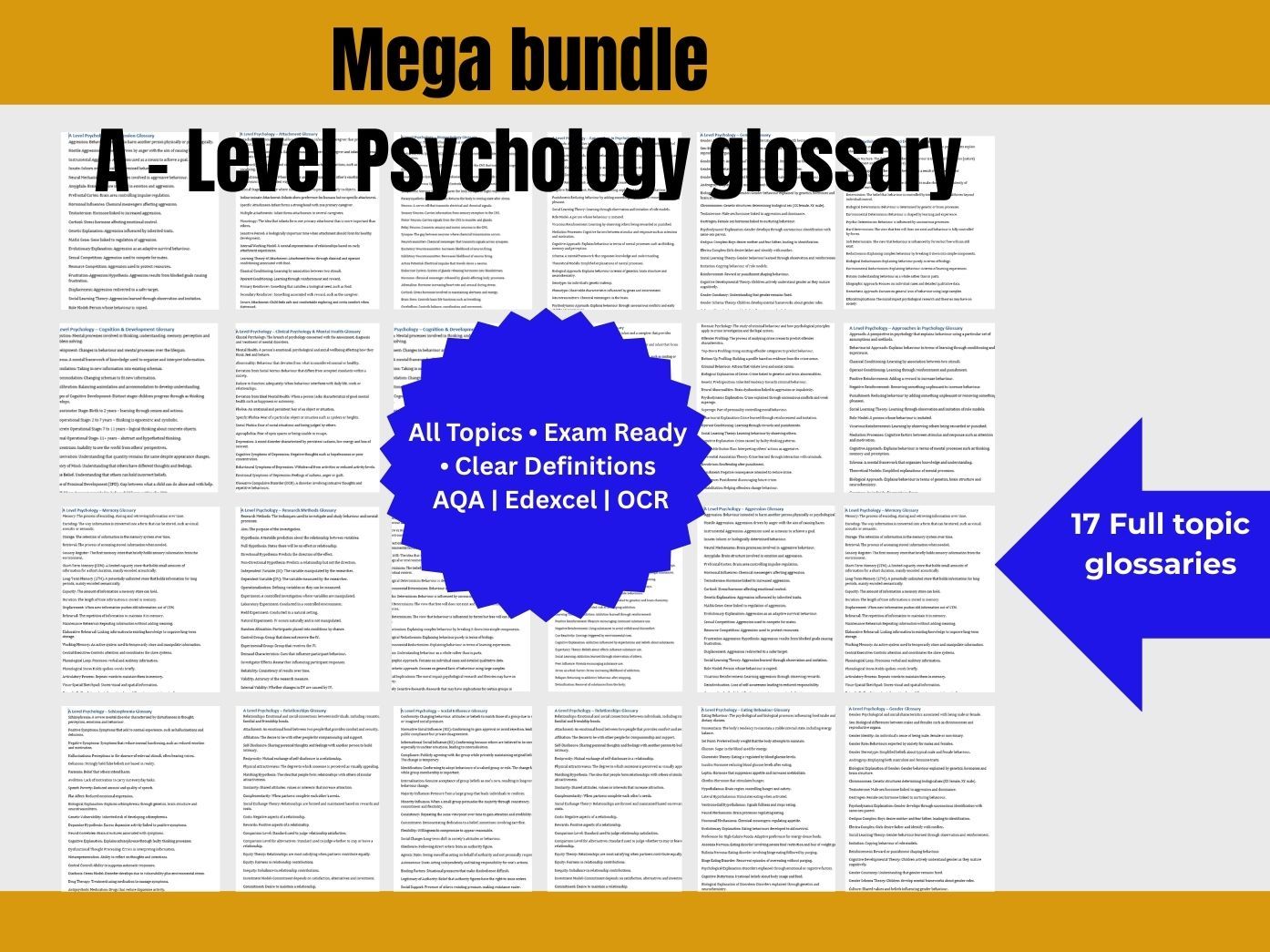 Ultimate A Level Psychology Glossary Mega Bundle | All Topics Revision Pack | AQA Edexcel OCR