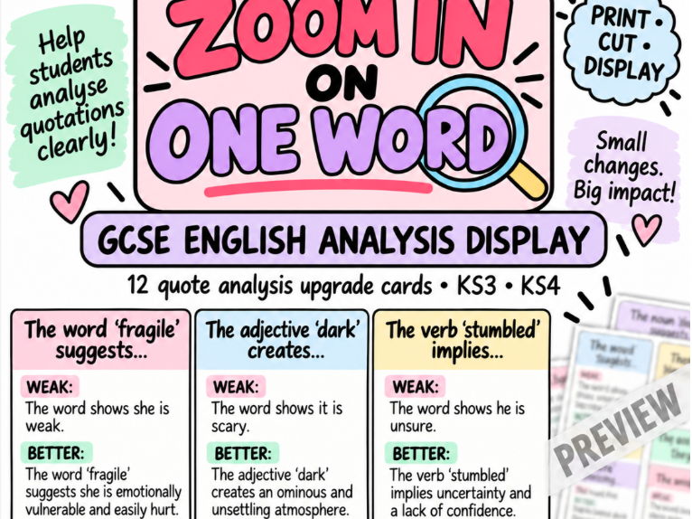 GCSE English Quote Analysis Revision Cards | Zoom In on One Word | KS3 KS4 Language & Literature