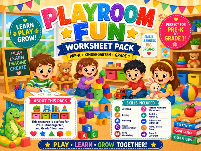 Playroom Fun Worksheets | Pre-K Kindergarten 1st Grade Math & Tracing Activities