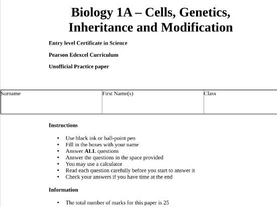 Science ELC Biology 1A - Cells, Genetics, Inheritance and Modification Practice Paper
