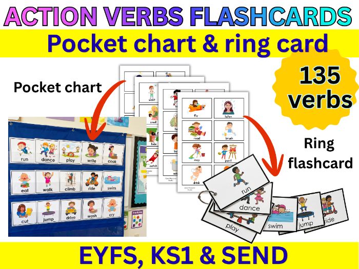 Action Verbs Flashcards Pocket Chart & Ring Cards EYFS, KS1 & SEND (135 verbs)