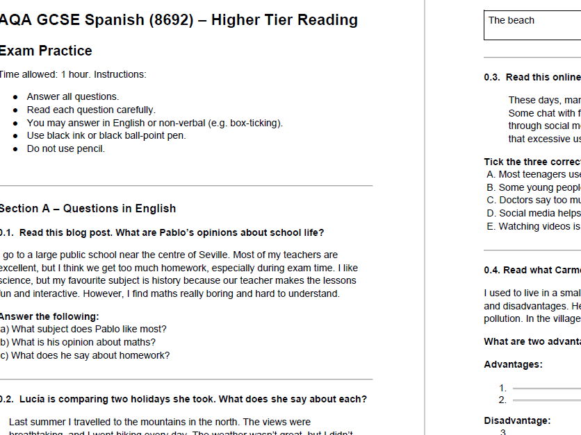 Spanish GCSE Workbook + Answers (new from 2024) - PART 4 of 4