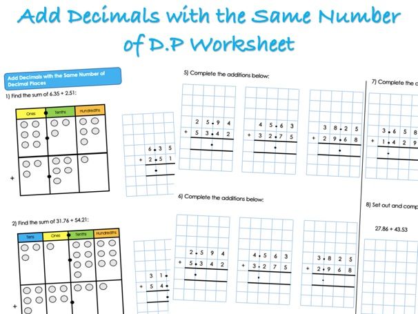 Decimals Worksheet - Add Decimals with the Same Number of Decimal Places