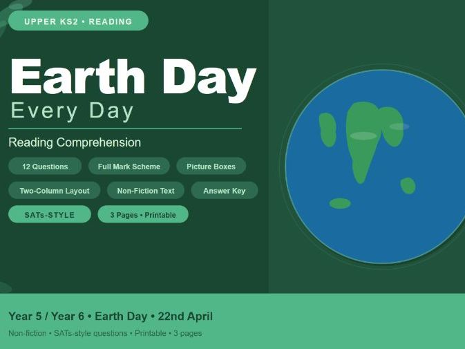 Earth Day Reading Comprehension:  Upper KS2, Non-Fiction, 12 Questions & Answers
