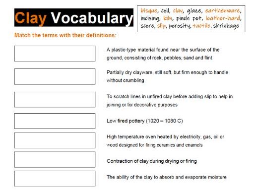 Clay Vocabulary | Ceramics & Pottery Matching Worksheet