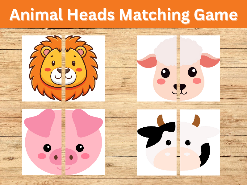 Animal Heads Matching Game | 10 Printable Cards | Fun Puzzle for Kids | Animal Face Learning Activit