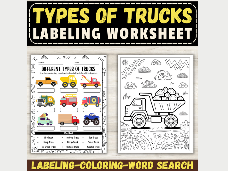 Types of Trucks Diagram: Coloring Pages, Word Search, Labeling | Transportation