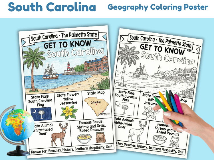 South Carolina Geography Coloring Poster | US State Facts Activity
